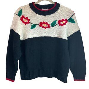 Vintage Evian Womens Sz Medium Ltd Floral Knit Sweater With Cable Panel Cottage